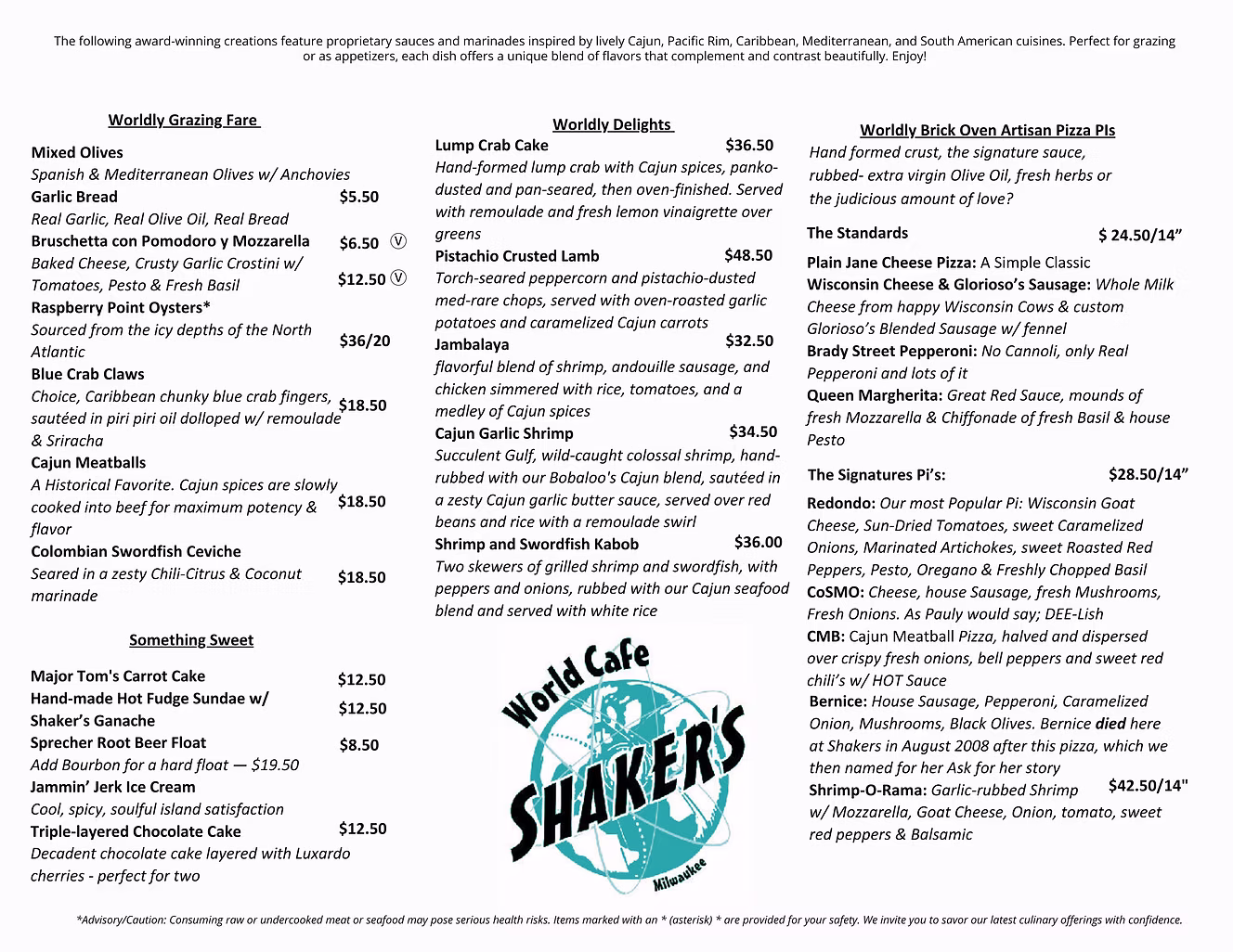 Diverse international dishes and prices listed
