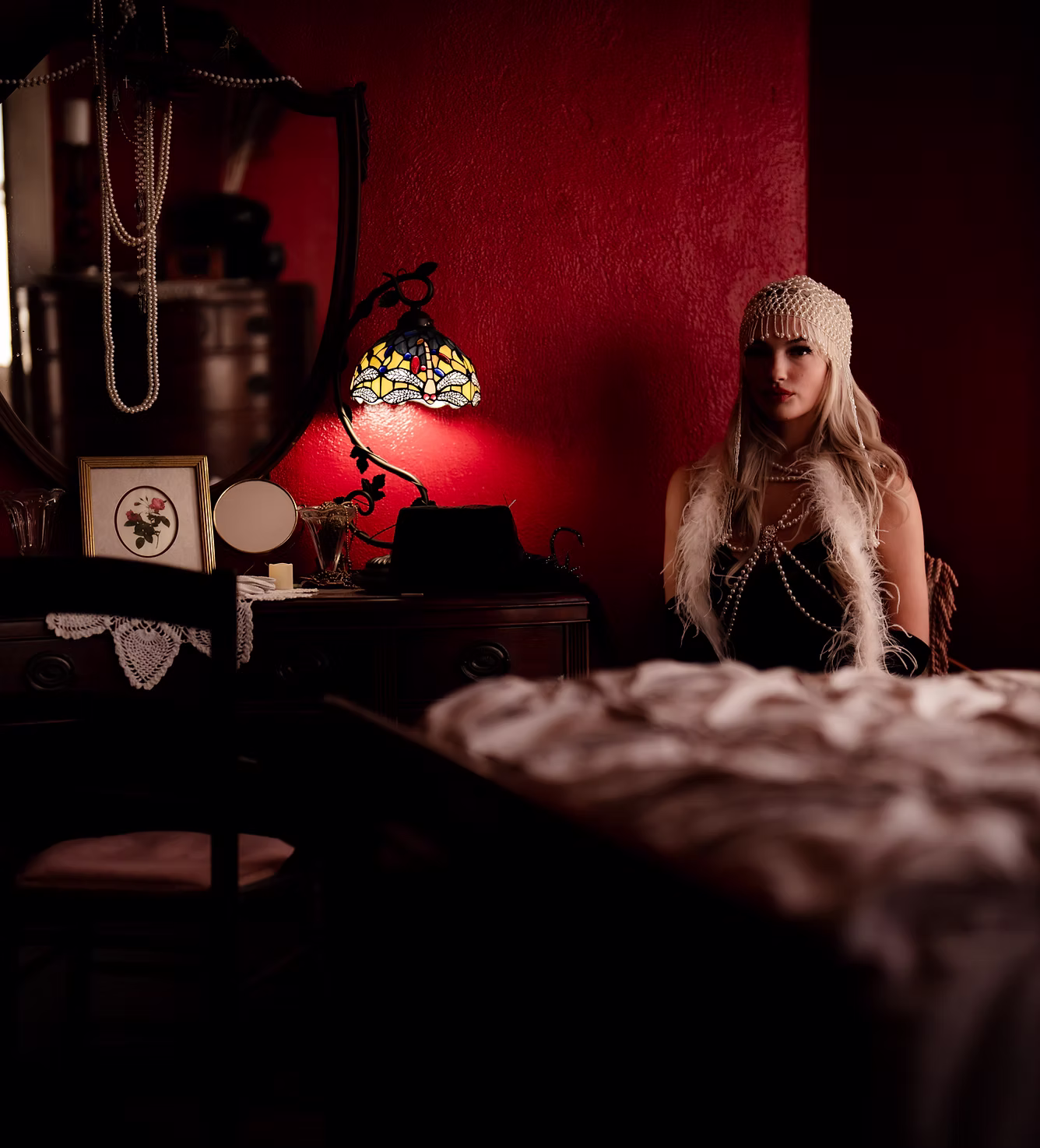 Vintage-themed room with woman in hat